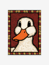 White duck portrait poster with orange bill and red block border on red background