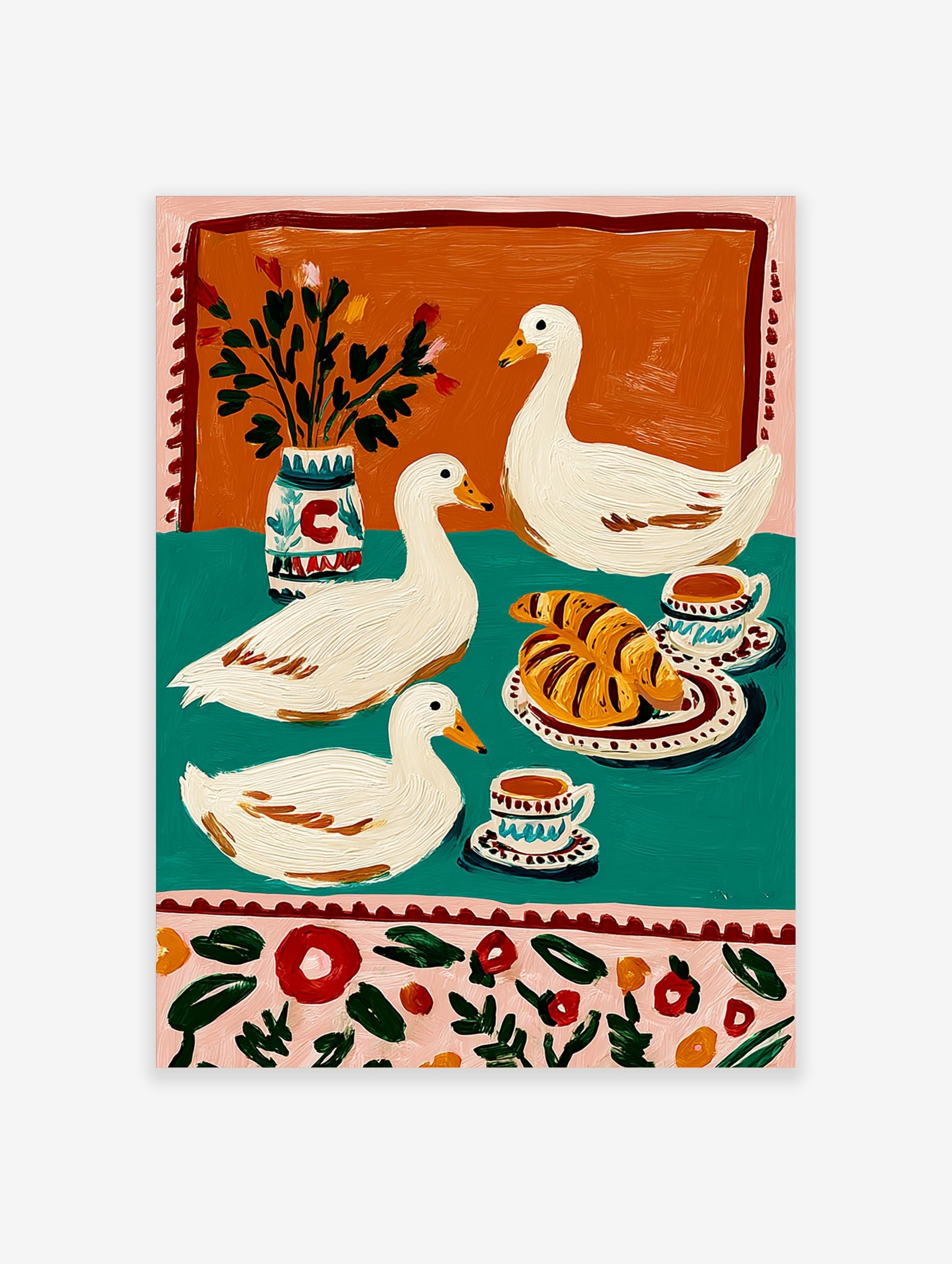 Illustrative print of three white ducks with croissants, coffee, and a vase on a teal and orange background