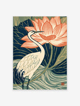 White egret and pink lotus flower Japanese woodblock style art print with navy leaves