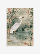 White egret standing in shallow water with reeds and lily pads, Japanese-style bird illustration