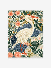 White egret with red crown standing among pink flowers and blue waves, botanical illustration art print