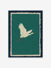 White egret bird illustration in flight against a teal green background with cream and navy borders
