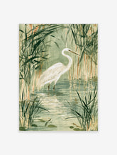 White egret standing in shallow water among green reeds, Japanese-style bird art print