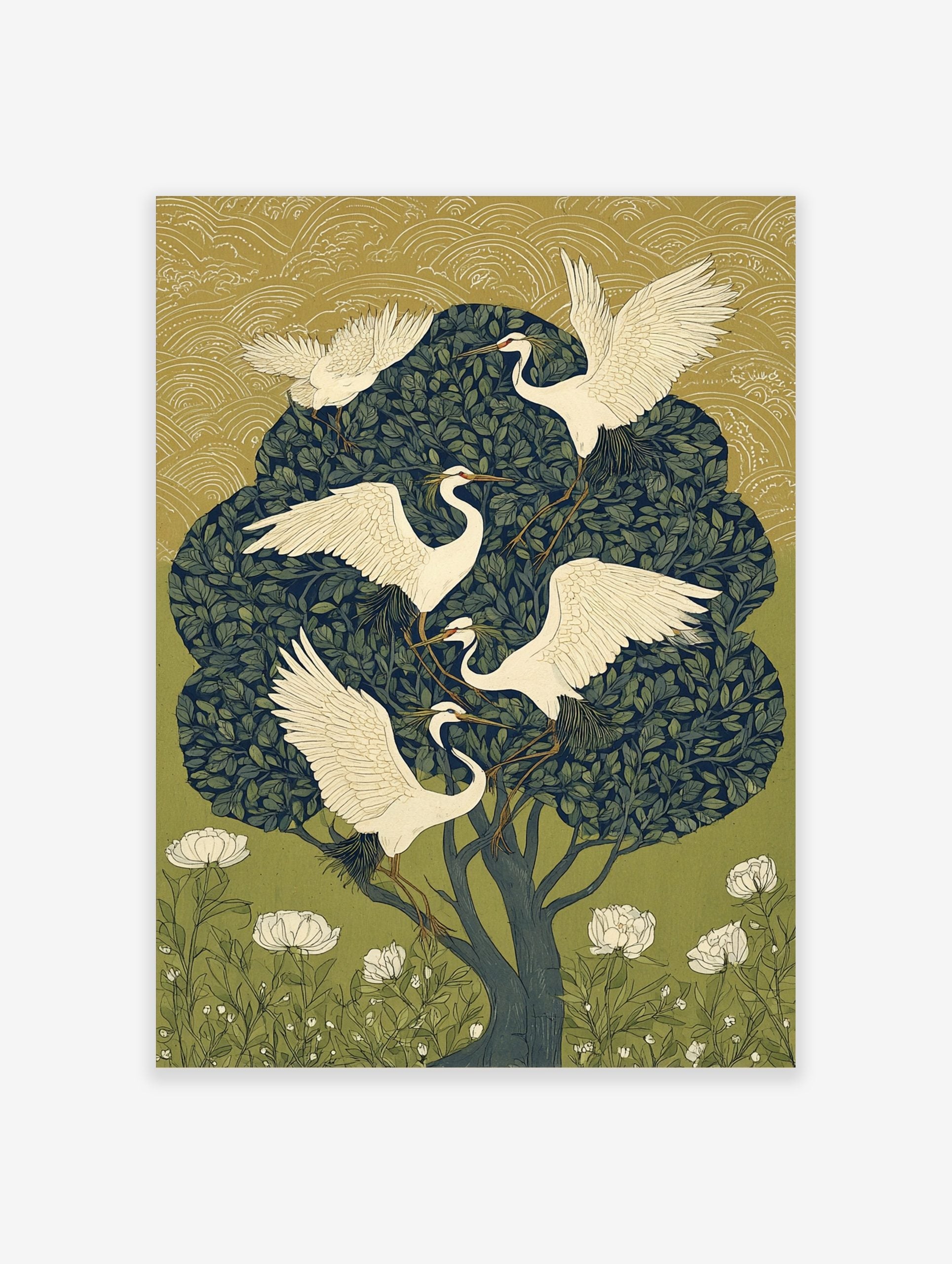 Illustrative art print of five white egrets with leafy branches in a dark green tree, with gold wave background