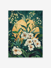 White floral art poster with green leaves and a yellow sun against a dark green background, in a modern botanical style.