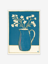 White flowers in a blue pitcher with gold outlines, a minimalist botanical illustration print on a deep blue background