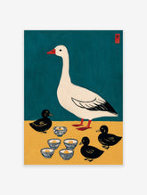 Illustrative print of a white goose and three black ducklings with patterned bowls on teal and yellow background