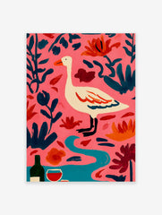 Illustrative white goose with orange beak, pink background, dark teal leaves, orange flowers, wine bottle, blue stream