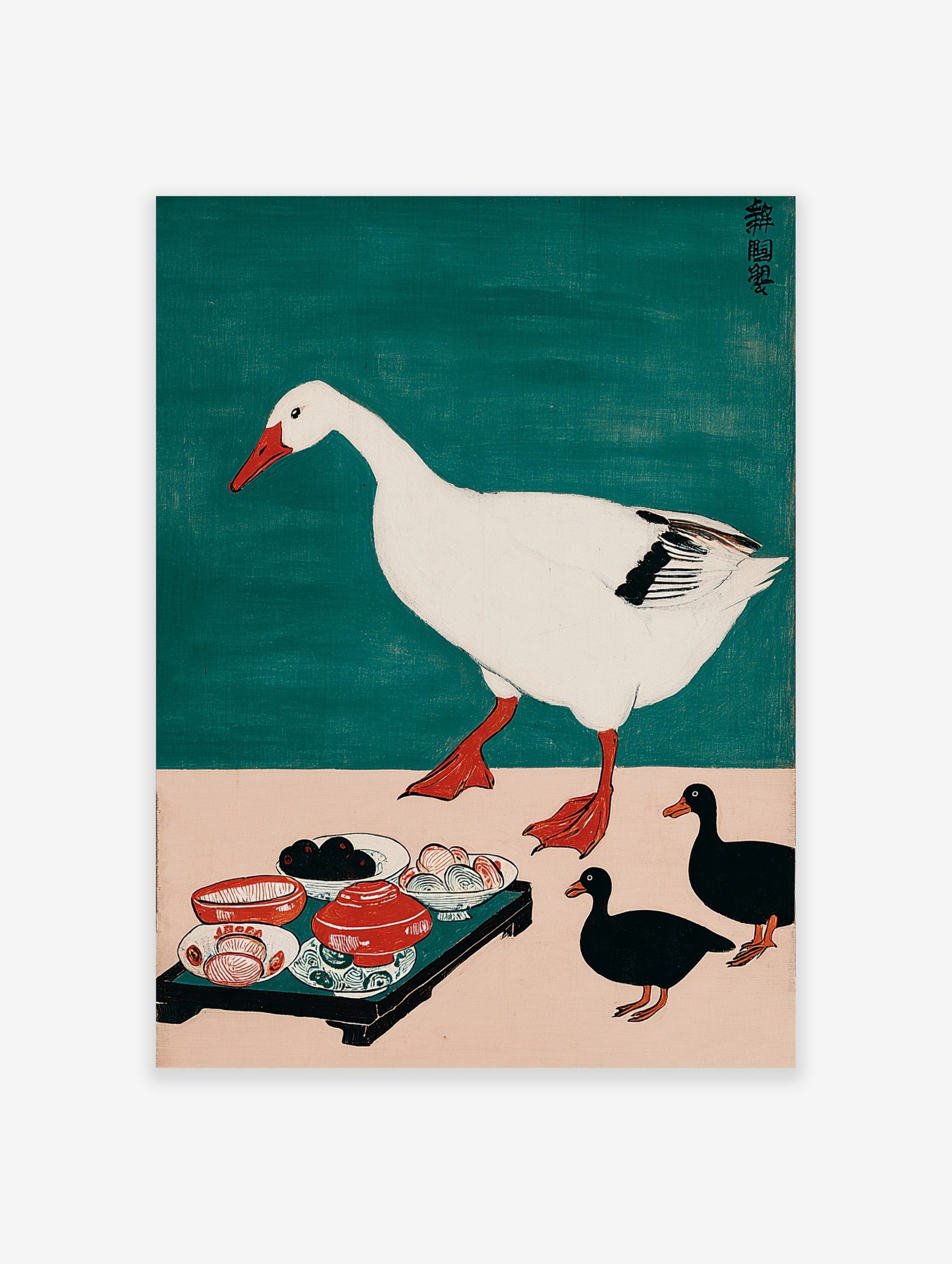 Illustrative print of a large white goose walking, three black ducks, and a tray of food on a pink surface with a teal