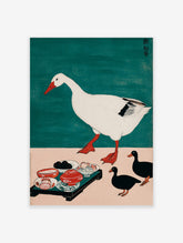 Illustrative print of a large white goose walking, three black ducks, and a tray of food on a pink surface with a teal