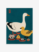 Illustrative print of a white goose, yellow duck, and ceramic pots on a teal background with a red seal
