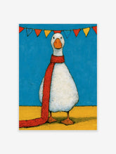 White goose wearing a red knitted scarf with bunting on a blue background, animal art print