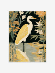 White heron bird with golden-yellow plumage in water, surrounded by dark green and orange botanical foliage