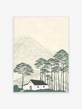 White house with black roof and red seal among tall pine trees, grey mountain backdrop, minimalist landscape print