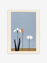 Minimalist botanical art print of a white iris, orange bud, and white daisy on a pale blue background