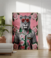 White Lion Poster wearing red sunglasses and a floral shirt with roses on a pink background, illustrative wall art. - Image 3