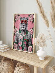 White Lion Poster wearing red sunglasses and a floral shirt with roses on a pink background, illustrative wall art. - Image 4