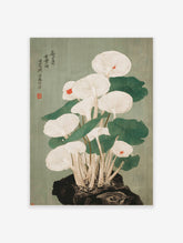 Japanese woodcut style illustration of white mushrooms with red accents and green leaves growing from a dark rock on a green