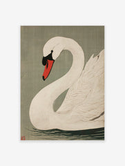 White swan woodblock style art print with red and black beak, on sage green background