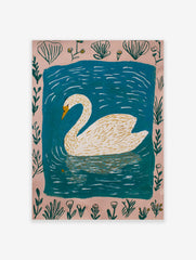 Illustrative white swan with yellow beak swimming in blue water, framed by a pale pink botanical border