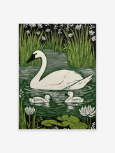White swan and two cygnets on green water with reeds and white flowers in linocut print style