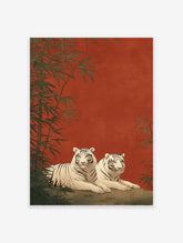 White tiger wall art with two white tigers in a bamboo forest against a red background, Asian illustration style.
