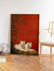 White tiger wall art with two white tigers in a bamboo forest against a red background, Asian illustration style. - Image 2