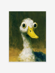 Quirky wide-eyed duck illustration with a yellow bill against a dark green background, art print