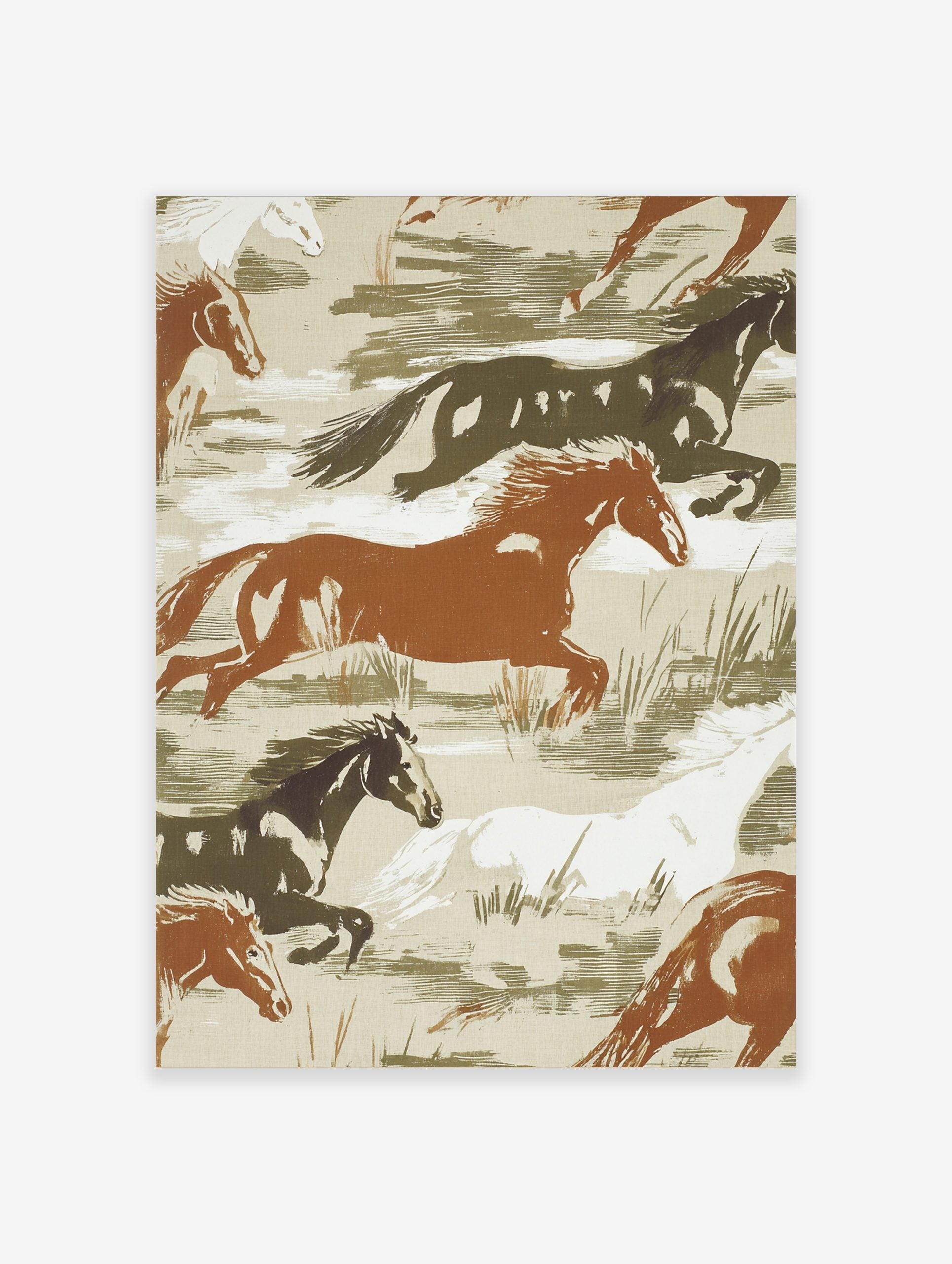 Illustrative print of wild horses galloping in brown, white, and dark green tones on a beige background