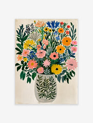 Colourful wildflower bouquet painting in a patterned vase on white background