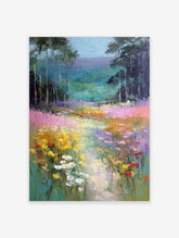 Impressionist painting of a vibrant wildflower meadow with a path leading through a forest of tall trees.