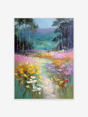 Impressionist painting of a vibrant wildflower meadow with a path leading through a forest of tall trees.
