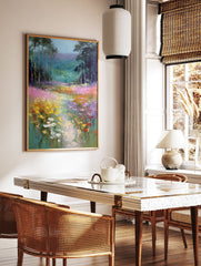 Impressionist painting of a vibrant wildflower meadow with a path leading through a forest of tall trees. - Image 2
