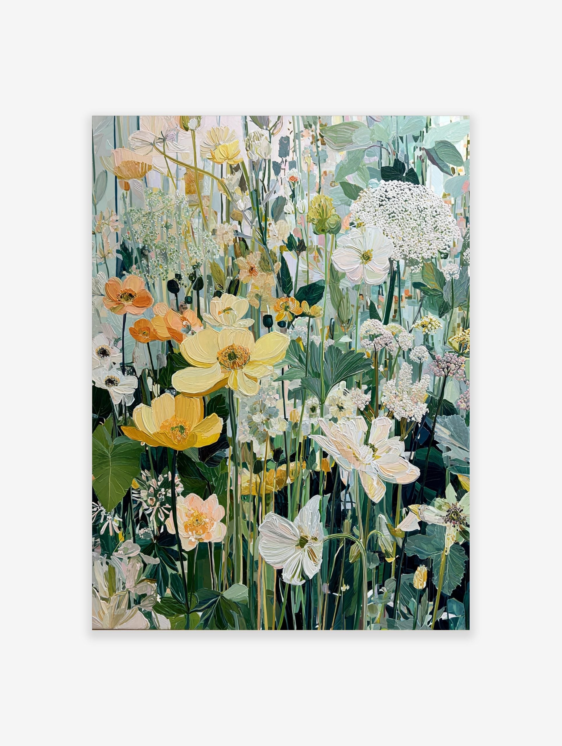 Painterly wildflower meadow art print with yellow, orange, and white flowers, green foliage, and light background