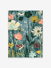 Wildflower meadow art print with pink and cream flowers, moths, and beetles on a teal background