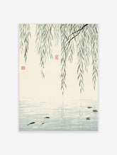 Japanese ink willow tree poster with green hanging branches, red seals, and fish in pale water