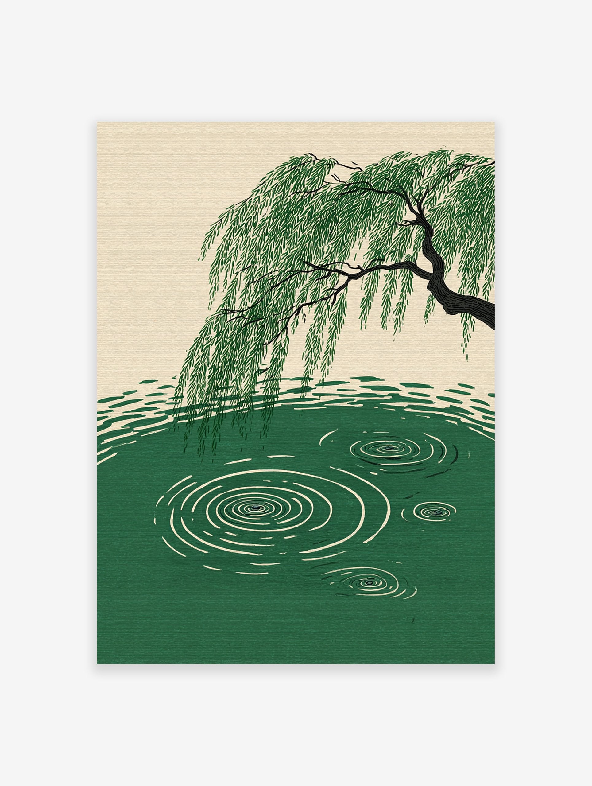 A serene Willow Tree Water Ripples Poster showing a green willow tree bending over green water with white ripples.