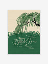 A serene Willow Tree Water Ripples Poster showing a green willow tree bending over green water with white ripples.