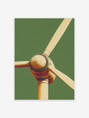 Close-up of a modern wind turbine in gold tones against a textured green background, stylized illustration.
