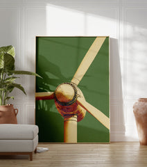 Close-up of a modern wind turbine in gold tones against a textured green background, stylized illustration. - Image 3