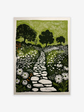 Illustrative garden print with winding stone path, white wildflowers, and dark trees against a green sky