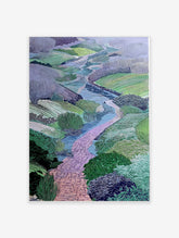 Illustrative landscape art print of a winding pink path through a green valley with blue water and textured foliage