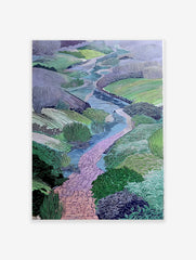 Illustrative landscape art print with a winding pink brick path, blue river, and green and purple fields