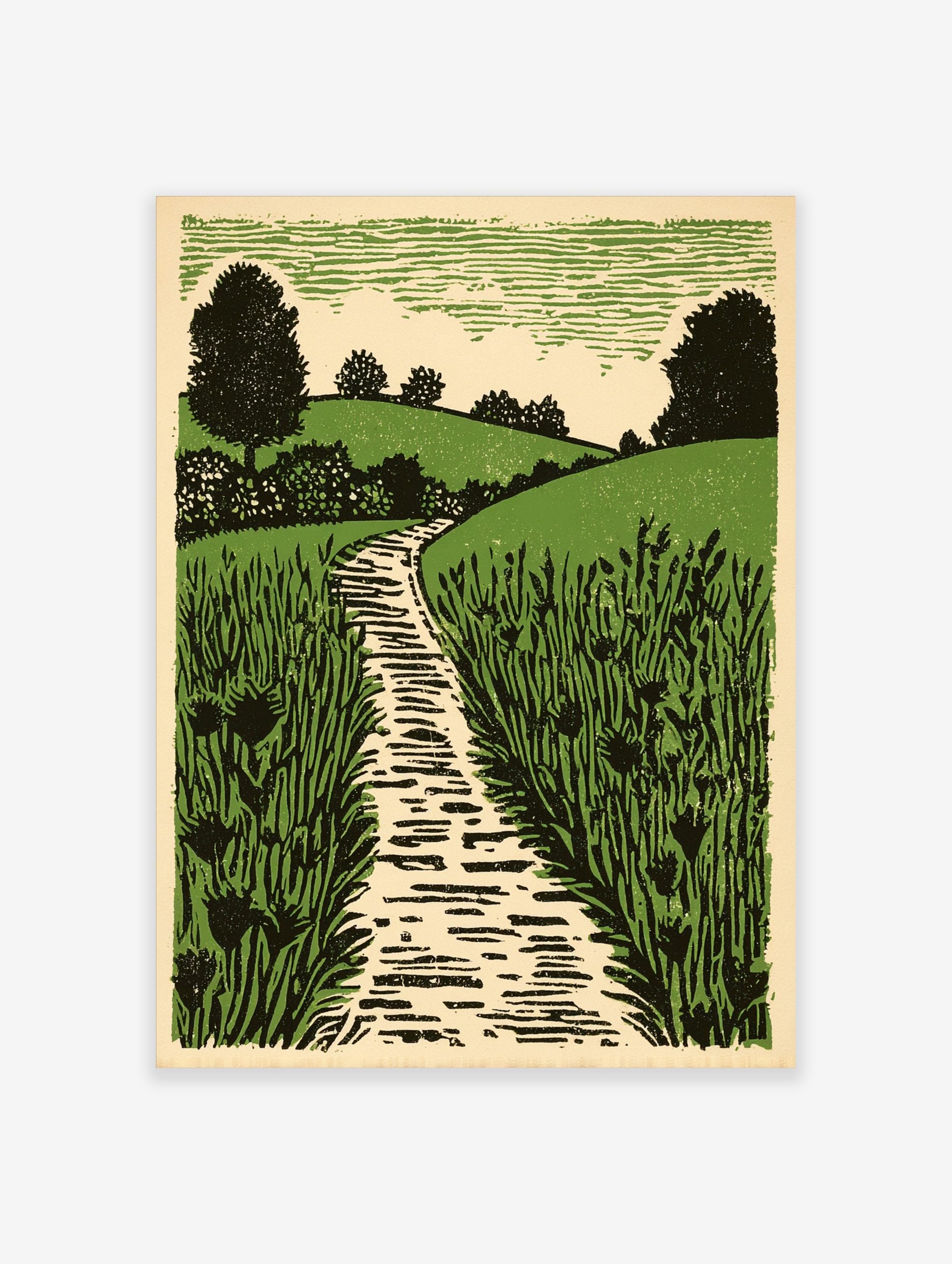 Linocut-style art print of a winding path through green fields with trees and a textured sky