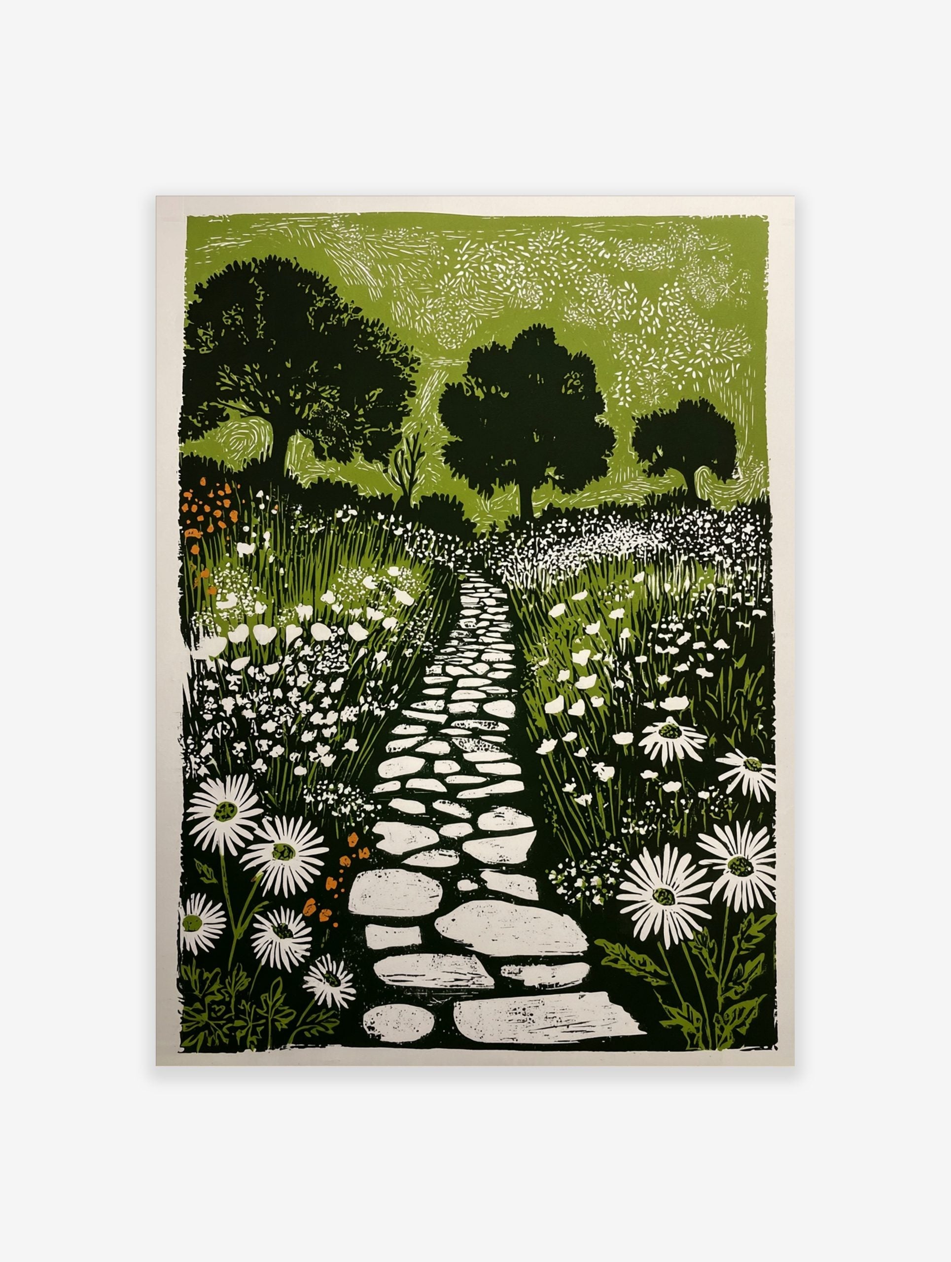 Linocut-style garden print with a winding stone path, white daisy flowers, and dark green trees against light green