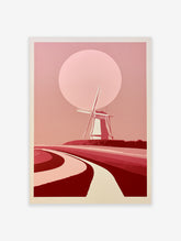Minimalist windmill landscape wall art with a large pink sun and curved paths in shades of red and light pink