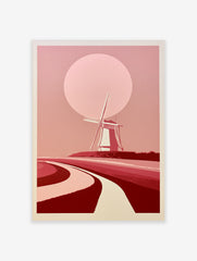 Minimalist windmill landscape wall art with a large pink sun and curved paths in shades of red and light pink