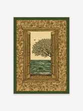 Vintage Window View Art print with an open wooden window, showing a tree by a wavy ocean, a bird, and floral wallpaper.
