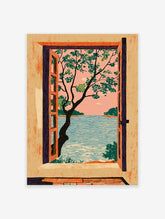 Illustrative art print of a window view showing a tree, blue ocean, distant islands, and a pink sky.