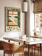 Illustrative window view art print showing a rustic landscape with green hills, golden fields, and a tree, framed in red. - Image 2